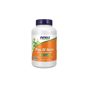 A bottle of Now Foods Pau D'Arco 500 mg, made from Tabebuia bark for immune support, contains 250 vegetarian capsules.